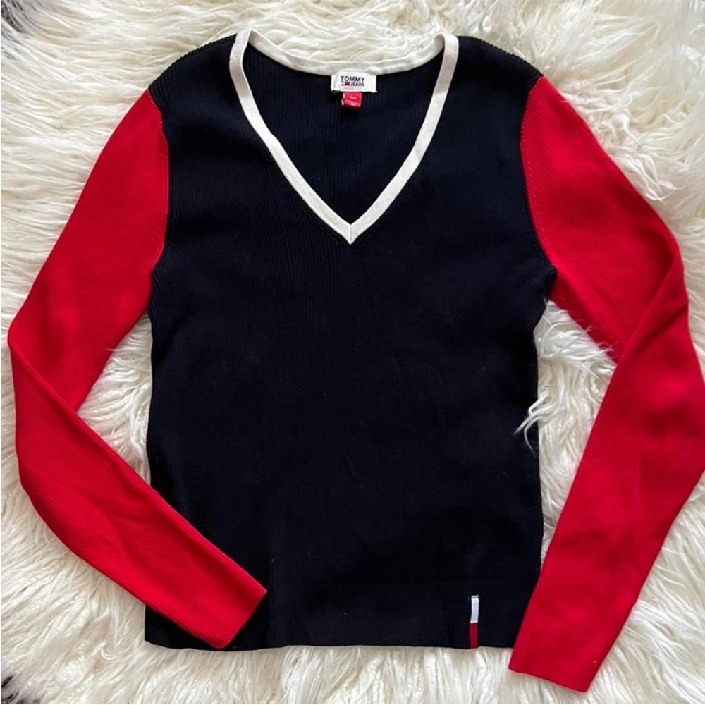 Tommy Hilfiger Black and Red V-Neck Sweater